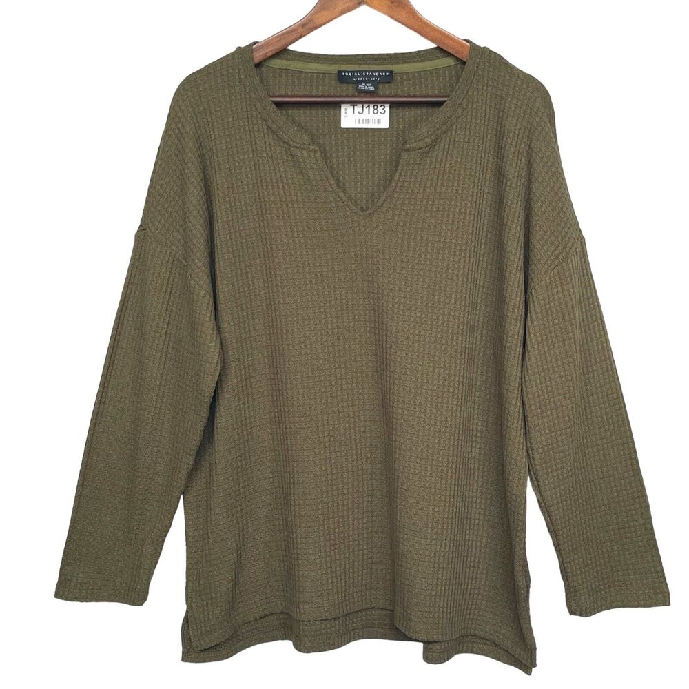 Sanctuary Social Standard Thermal Top Women Size XL Green V Neck Waffle‎ Knit